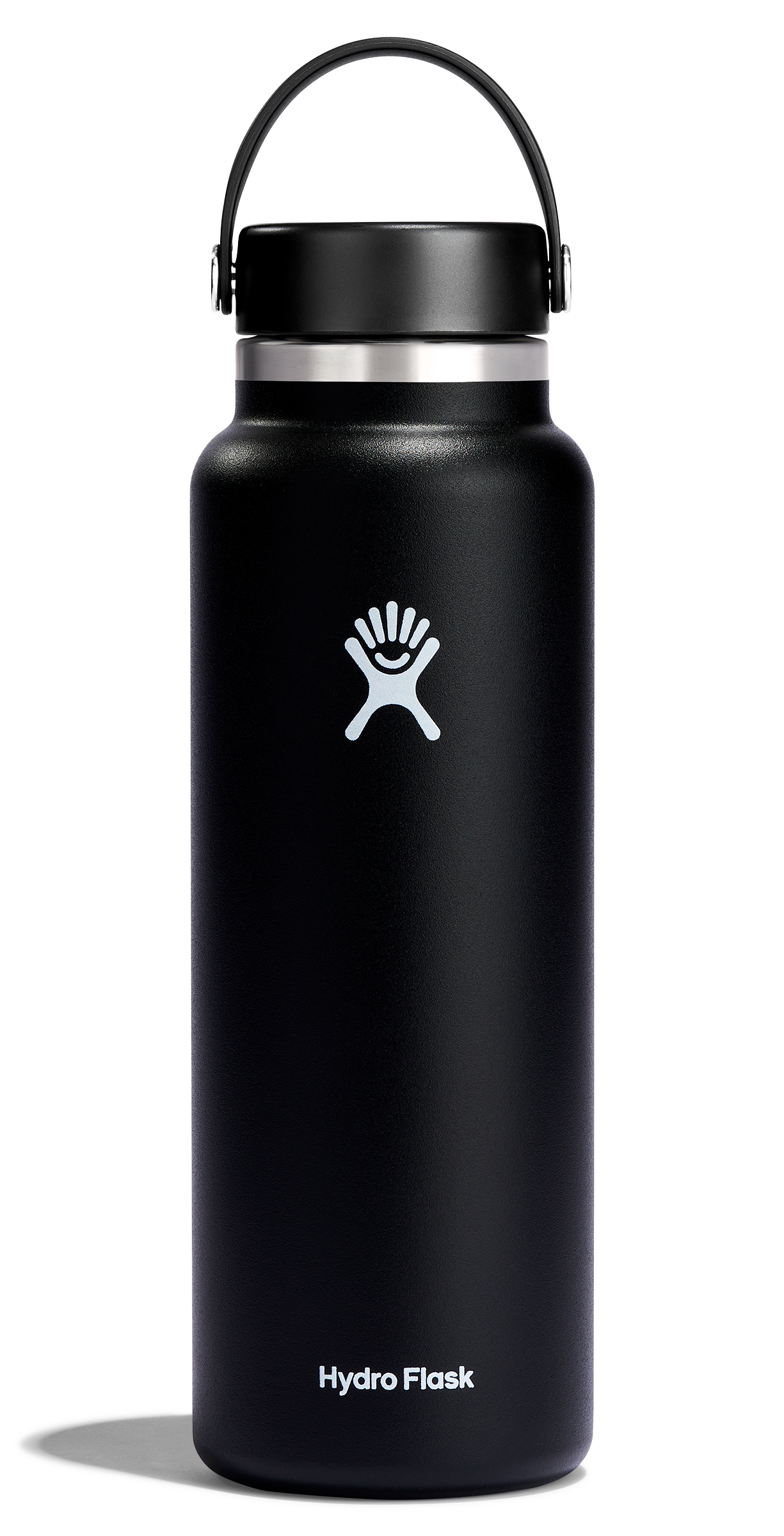 Hydro Flask Wide Mouth Insulated Water Bottle in black with Flex Cap, perfect for keeping drinks hot or cold for hours.